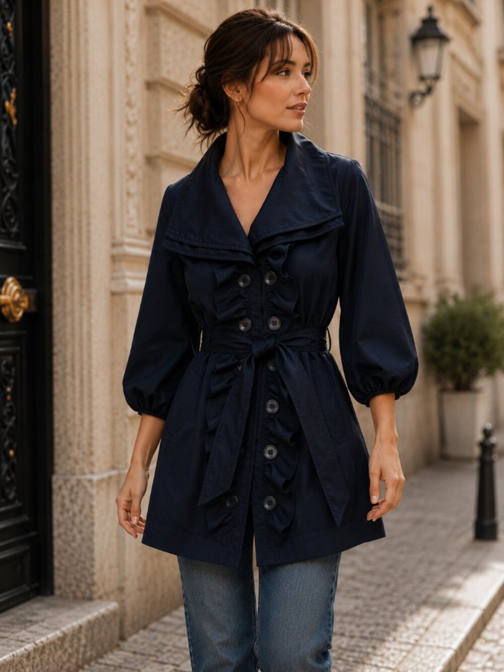 Anthropologie Idra Whimsy Ruffle Belted Trench Coat Navy Blue Size 2
